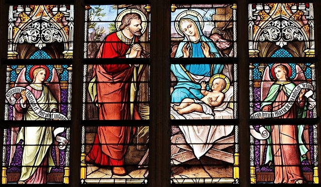 A stained glass window of the nativity